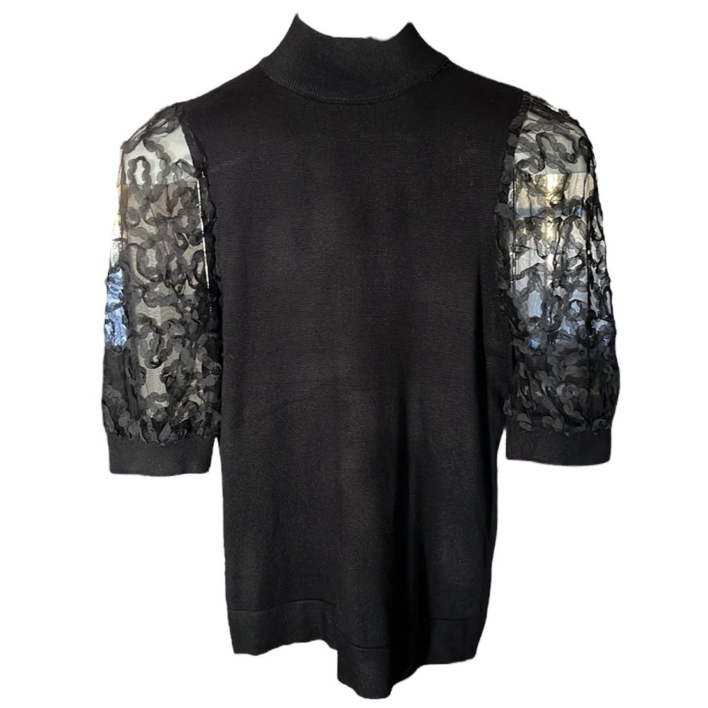 Catherine Malandrino puff lace sleeve mock neck ribbed sweater